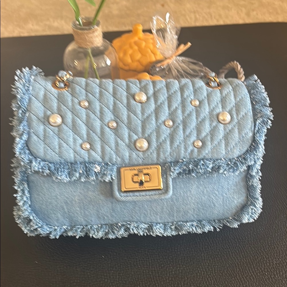 Blue Quilted Denim Bag with Pearl Accents